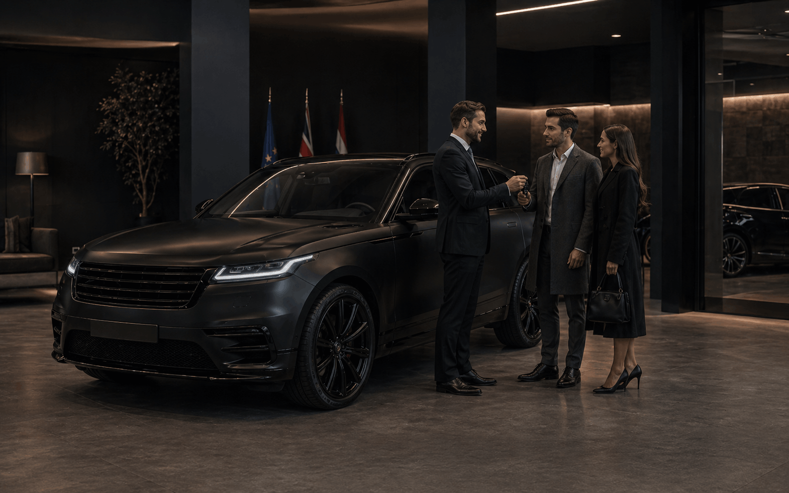 Private showroom handover with unbranded car and people in the background